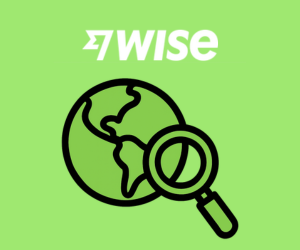 Globo terrestre con lupa en America y logo de Wise, analizando finanzas, envio de dinero y billeteras virtuales. 